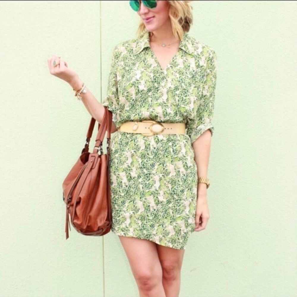 CABI #280 Green Palm Leaf Faux Wrap Quarter Sleeve Rayon Dress Medium